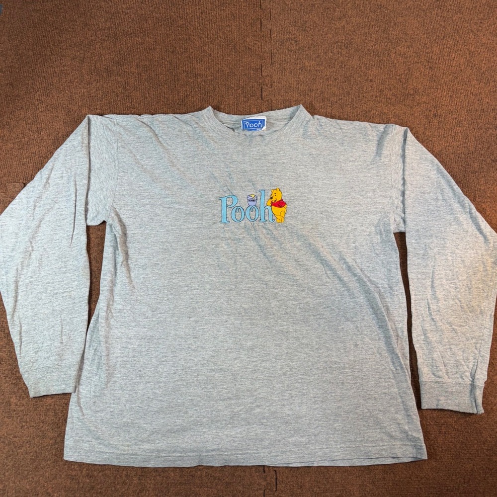 Disney Winnie the Pooh Long Sleeve Shirt Gray Embroidered Brazos Large 90s Vtg